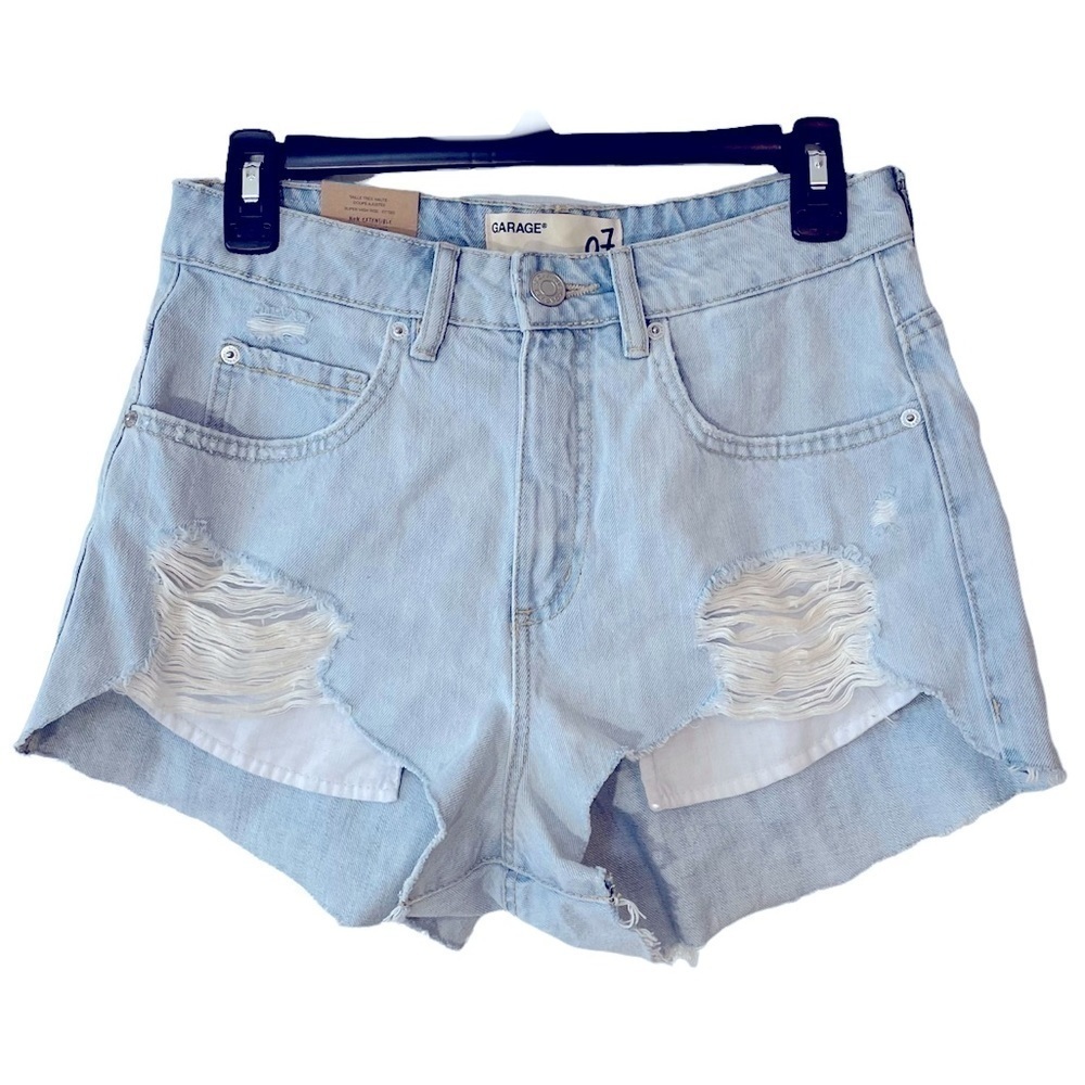 GARAGE Festival Shorts Super High Rise Fitted Blue Jean Shorts Distressed 7 NWT